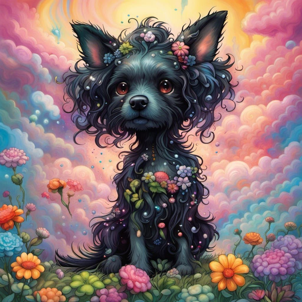 Chibi Black Dog in Ethereal Flower Garden