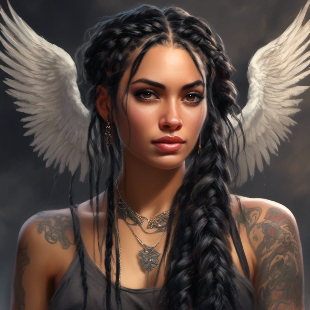 Latina Angel Portrait with Braids and Tattoos