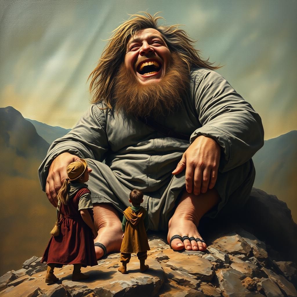 Laughing Giant Talks to Villagers: Surreal Oil Painting
