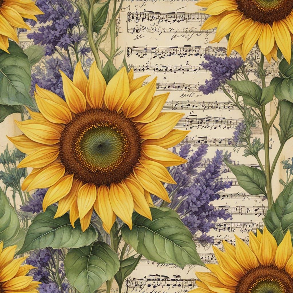 Whimsical Victorian Collage with Sunflowers and Lavender