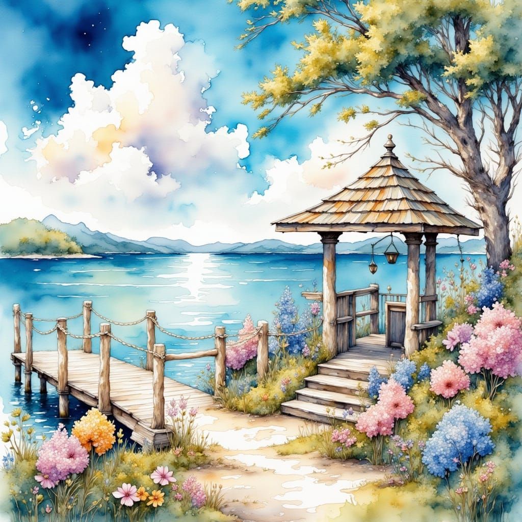 Watercolor Seaside Boat Dock Scene