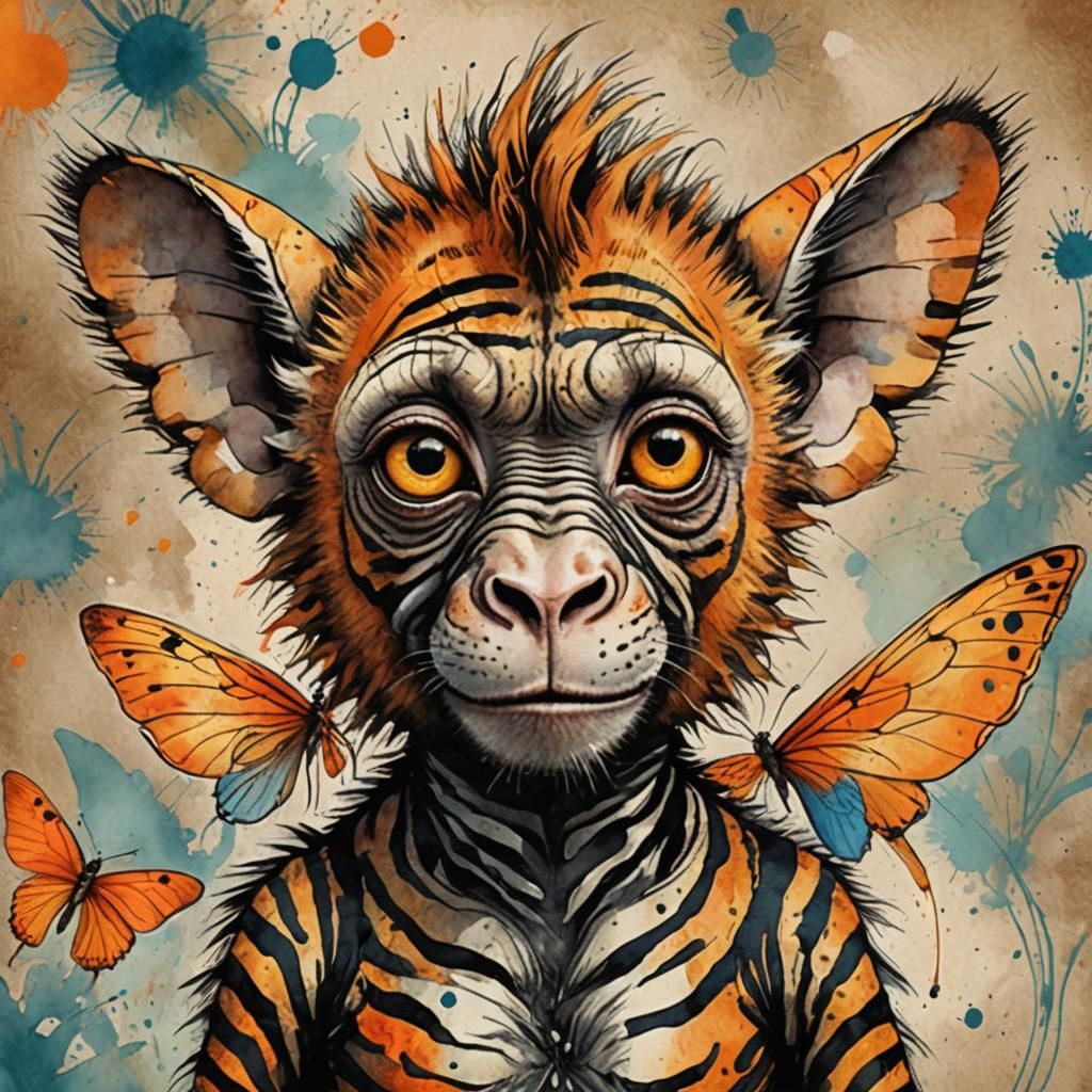 Ginger Zebra Monkey with Fairy Wings as Watercolor