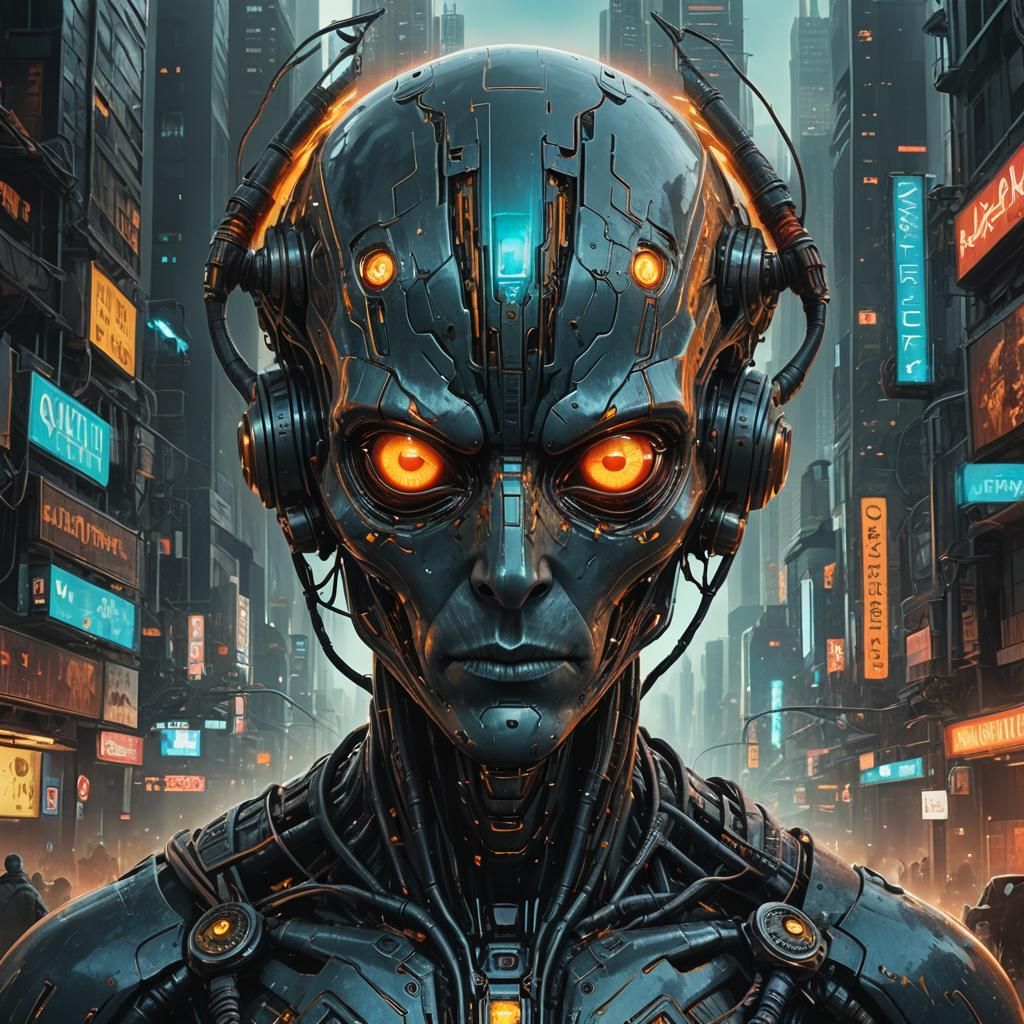 Alien-Headed Figure in Retro Cyberpunk Cityscape