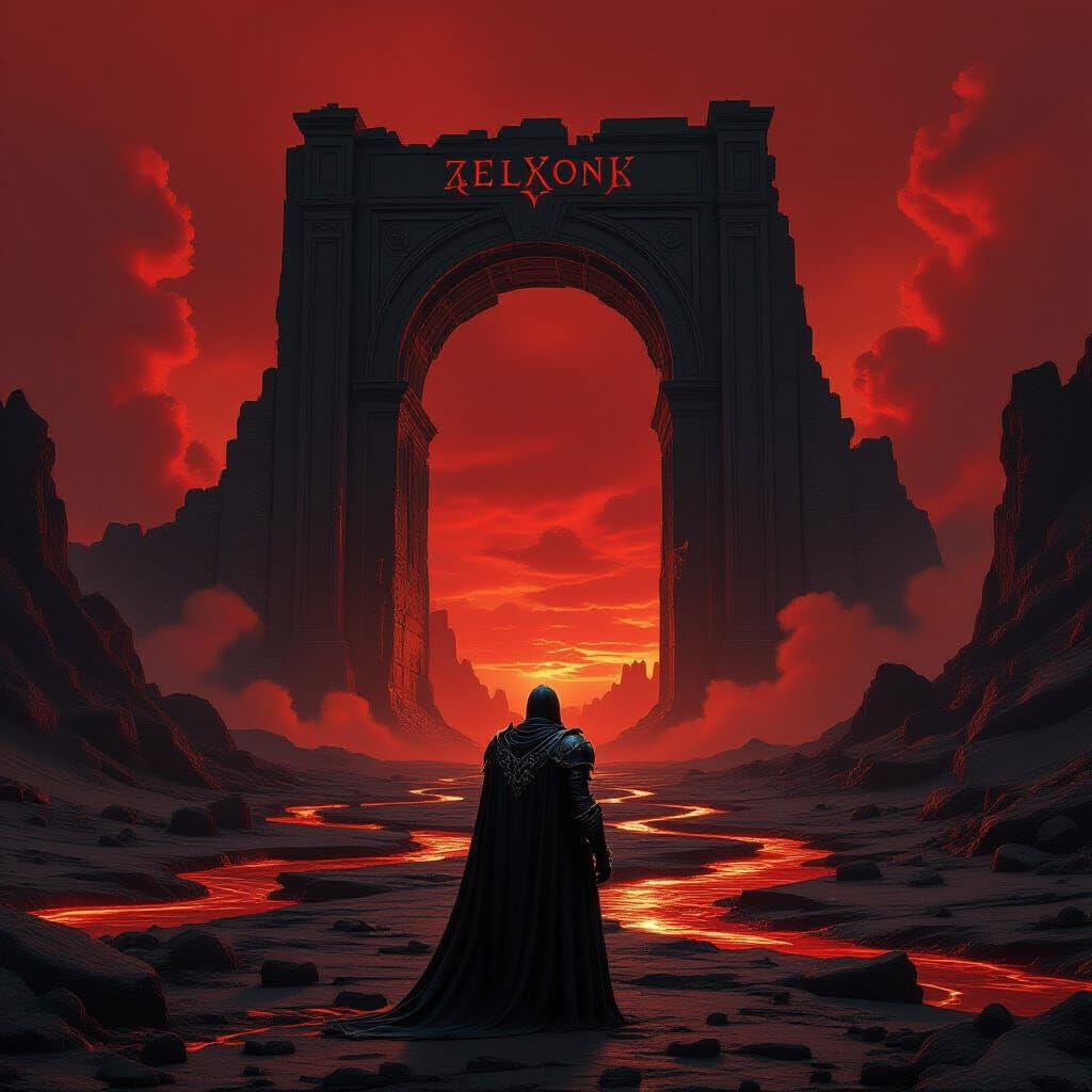 Knight in Obsidian Armor Before Hellish Archway