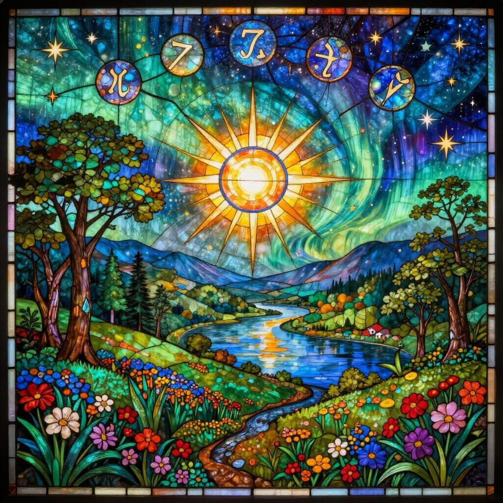 Stained Glass Valley with Eclipsed Sun and Celestial Wonders