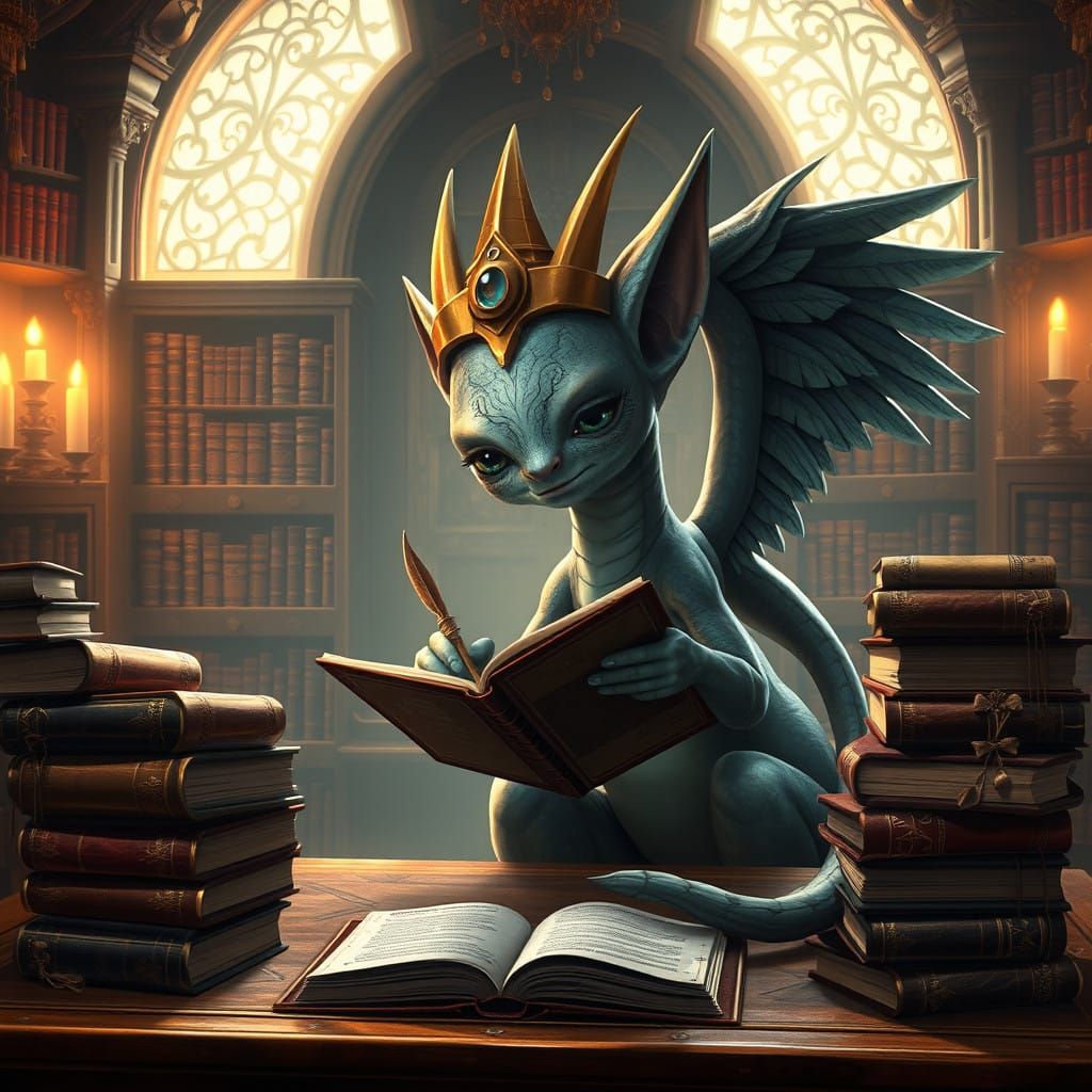 Regal Winged Sphinx Studies Ancient Tomes in Mystical Librar...