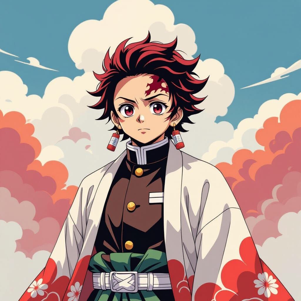 Tanjiro Kamado in Haori: A Digital Watercolor Painting