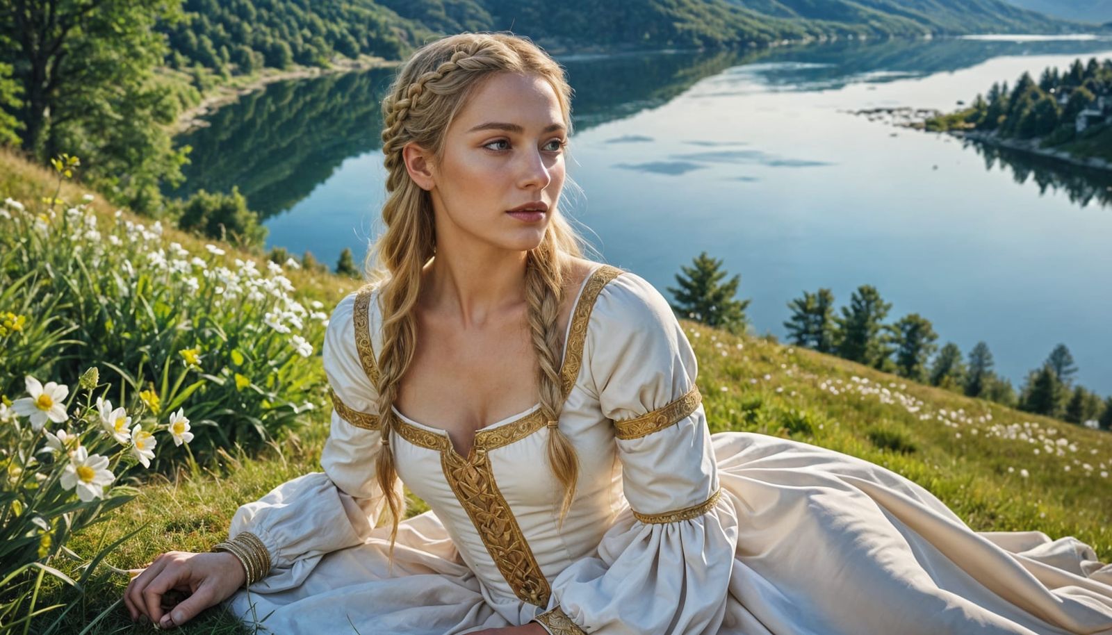 Lonely Girl in Medieval Dress Overlooking Lake