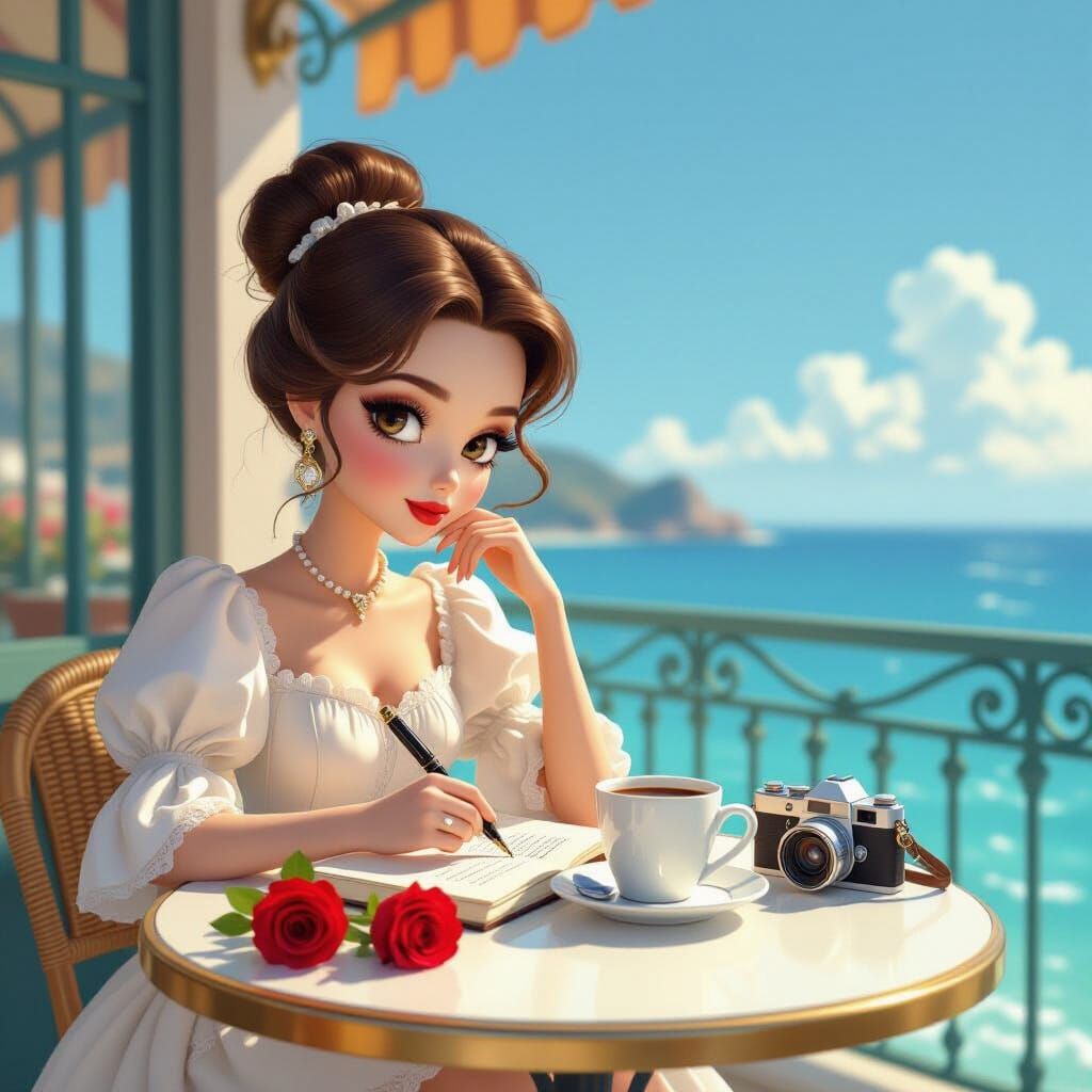 Doll-Like Woman Writes in Journal at Cafe Terrace