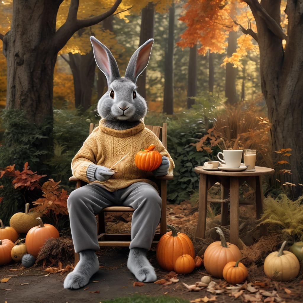 Rabbit in Autumn Scene with Pumpkin Latte