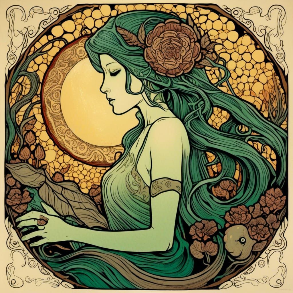 Swamp Thing in Alphonse Mucha Block Print Style