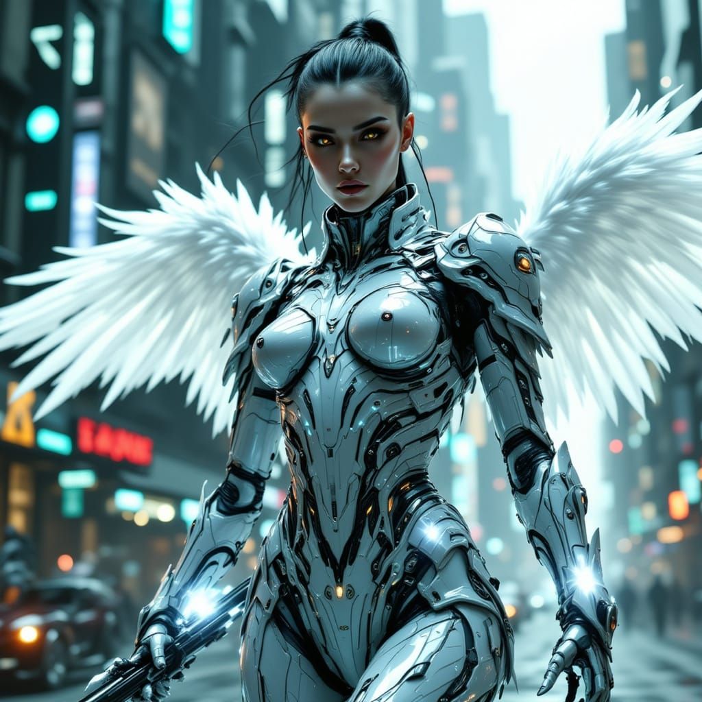 Cyber Angel in Biosynthetic Armour on Cyberpunk Street