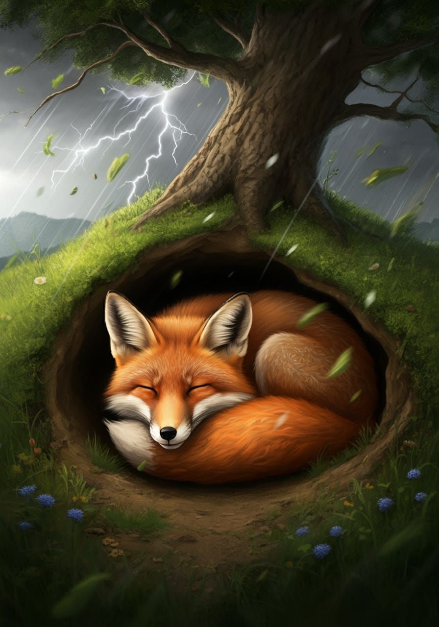 Fox Asleep During Storm
