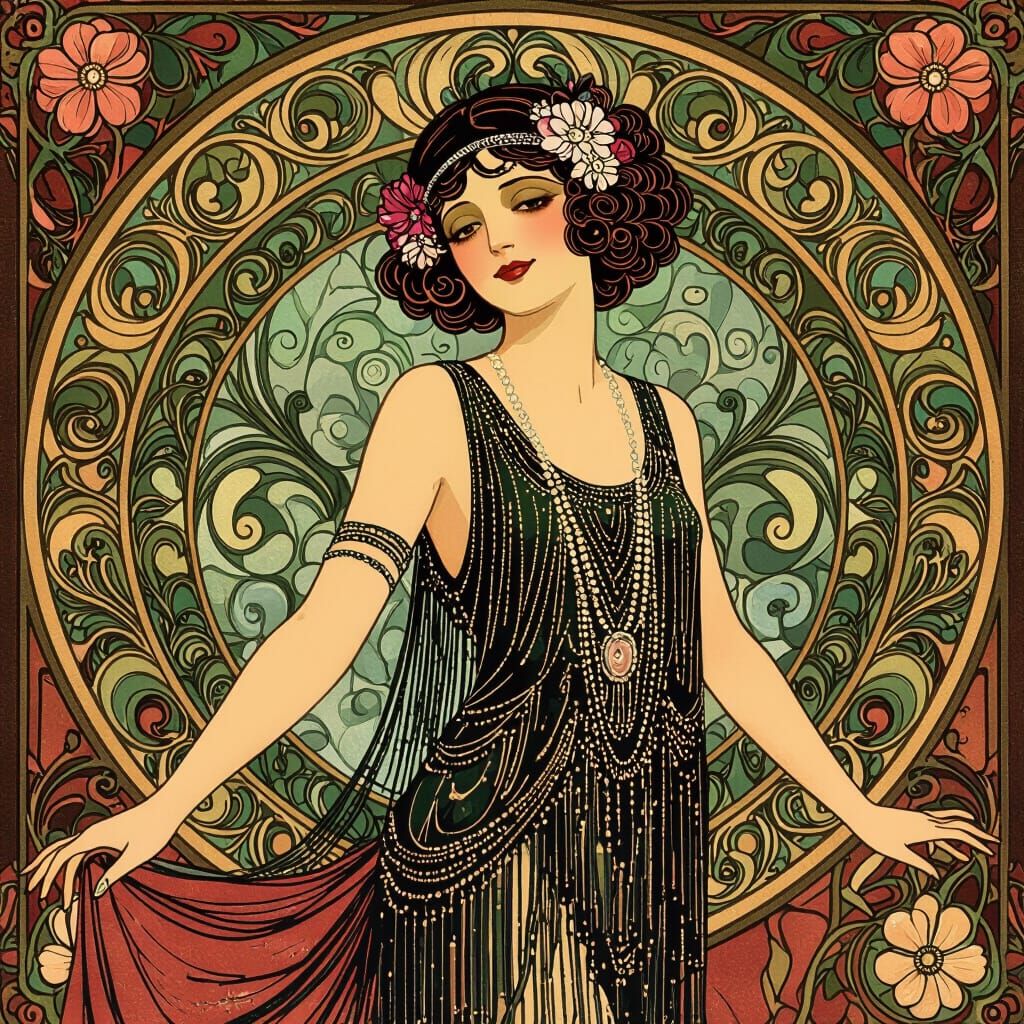 Art Nouveau Flapper in Vintage Cabaret, Mucha Style