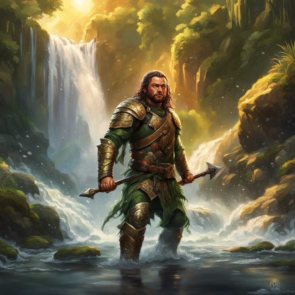 Halfling Barbarian in Waterfall with Two Swords, Golden Hour
