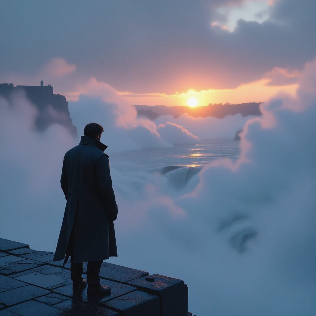 Fog Shrouded Bridge at Sunset: Digital Art