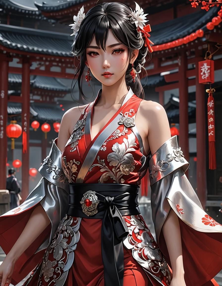 Anime Warriors in Red and Silver Kimonos