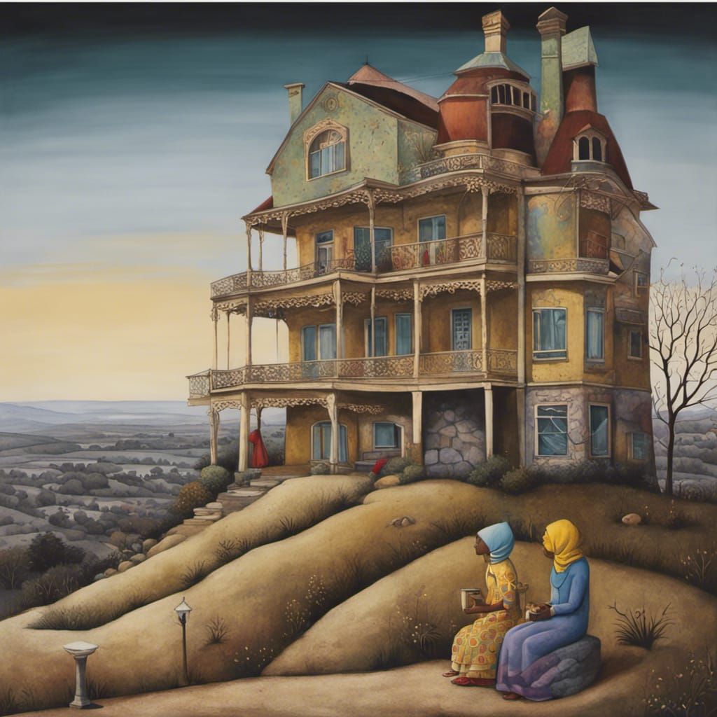 Two Women on Porch in Graffiti Art Style