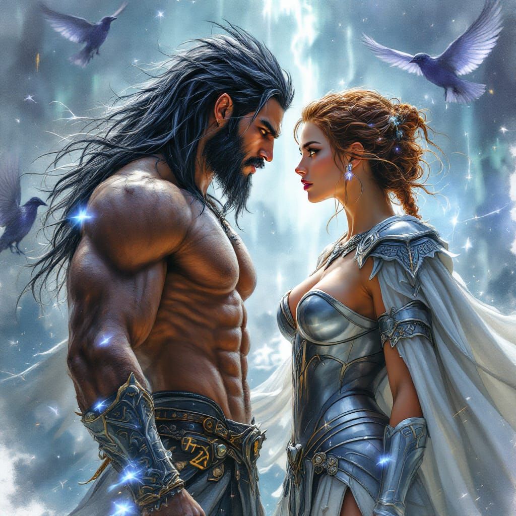 Valkyrie's Seduction: Mythological Romance in Watercolor