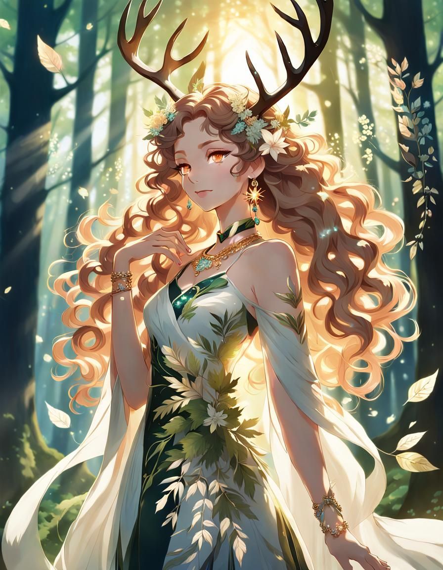 Ethereal Woman with Antlers in Anime Style