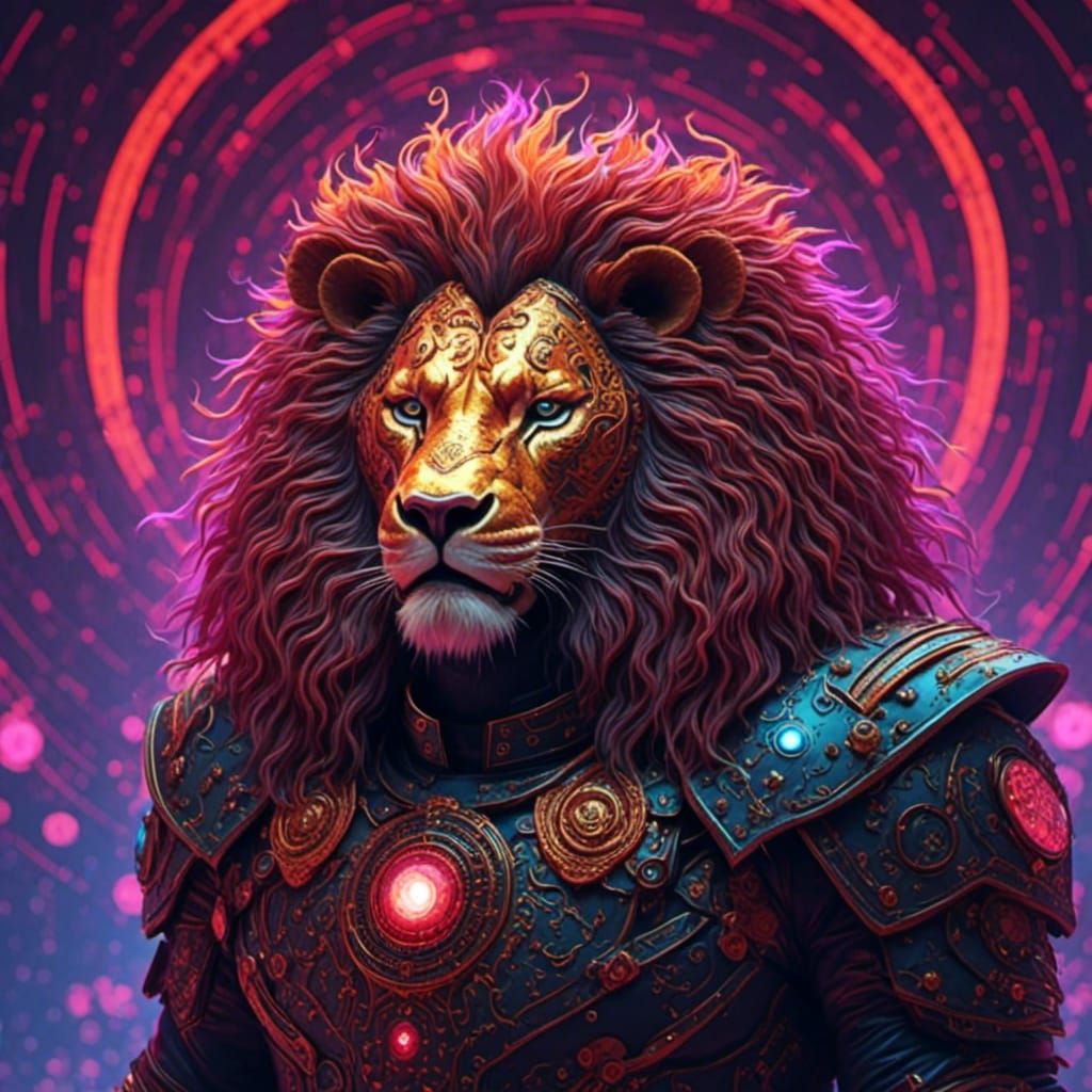 Cyberpunk Lion Paladin in Ominous Style