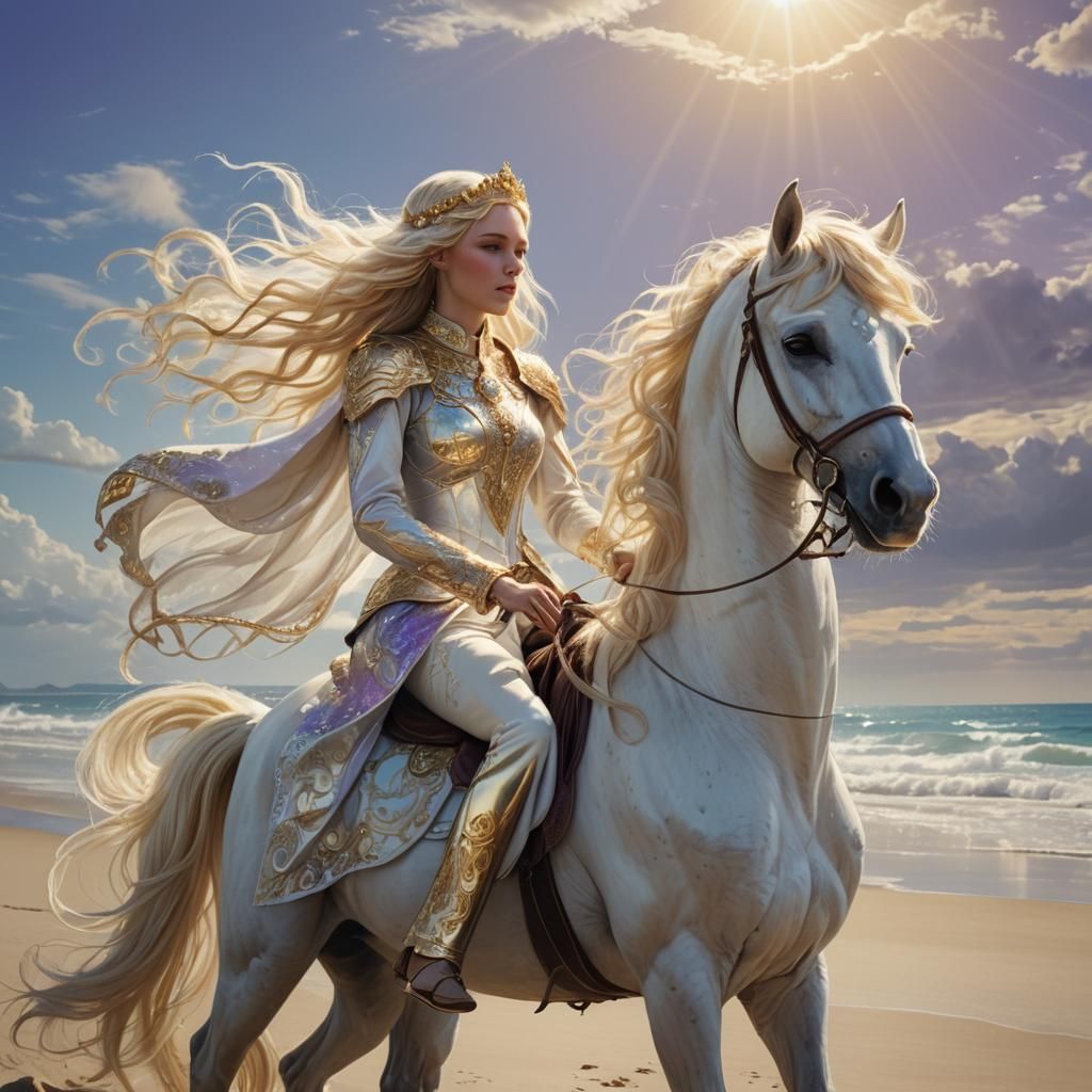 Ethereal Blonde Princess Rides Horse on Beach