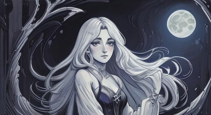 Girl in Moonlit Night: Detailed Line Art