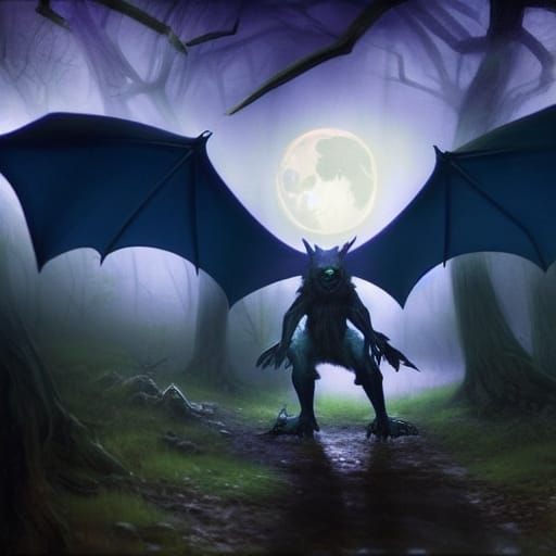 Bat Demon Guards Wood Path, Spooky Digital Art