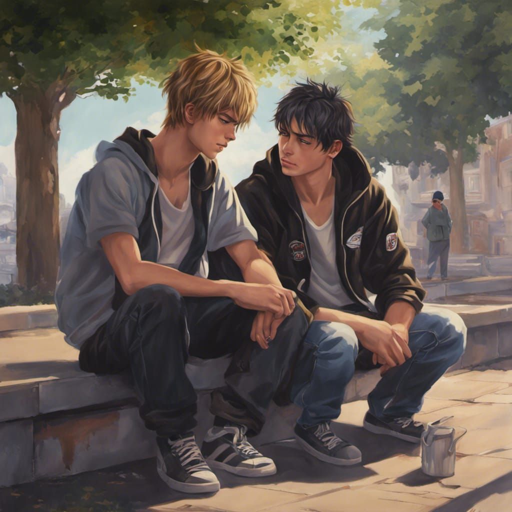 Anime-Style Painting of Two Young Men Comforting