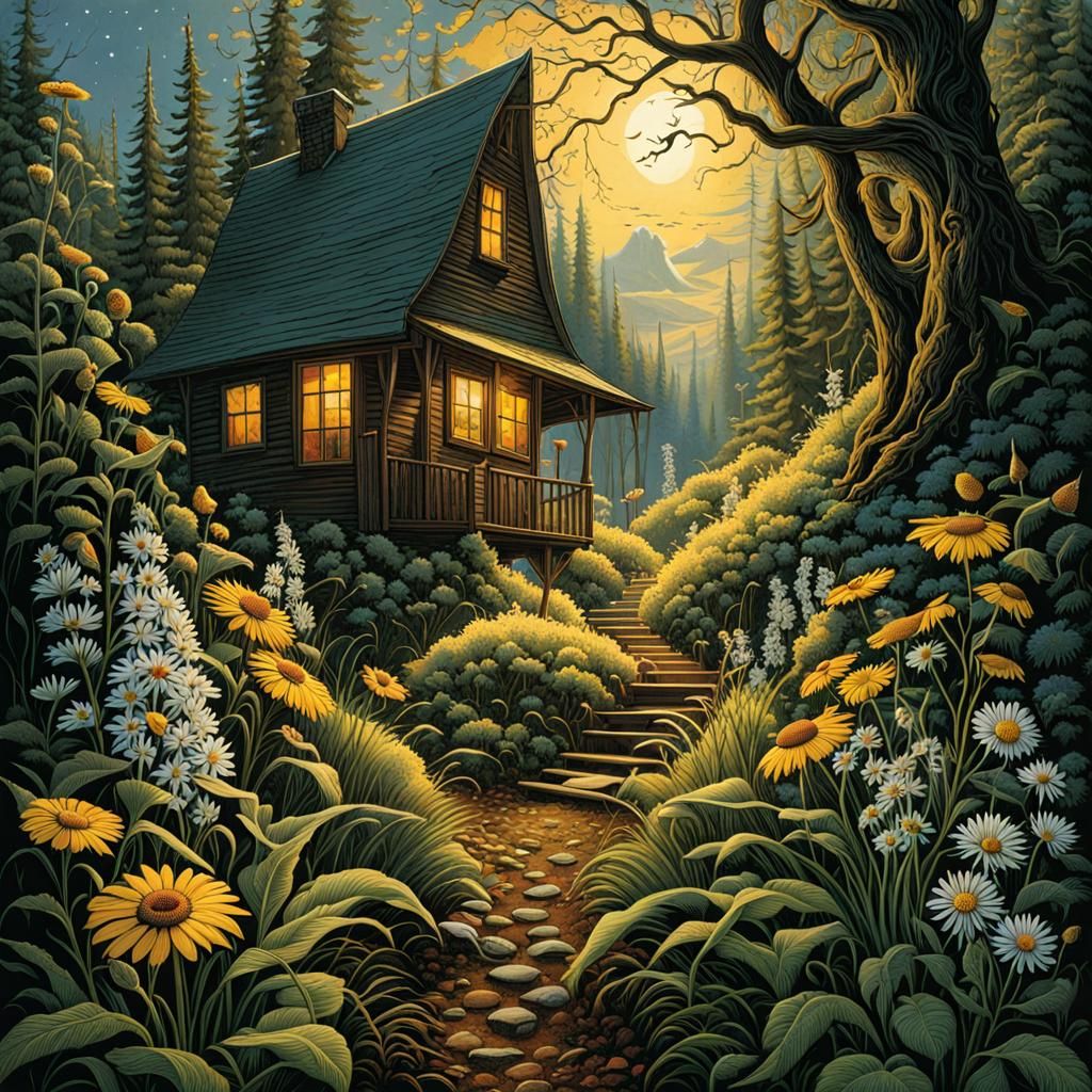 Wildflower Path in Wood Engraving Style