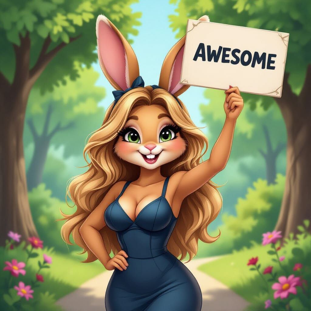 Anthropomorphic Bunny Holding 'Awesome' Sign