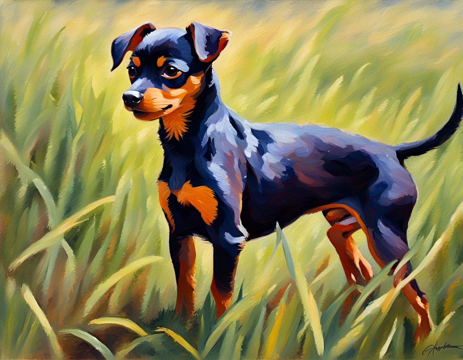 Impressionist Puppy in Grassy Field Painting