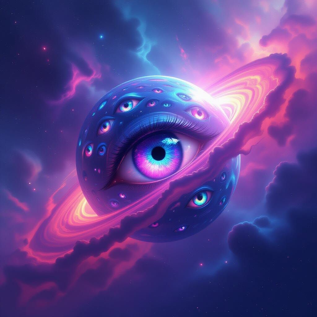 Eye Planet Floating in Colorful Nebula