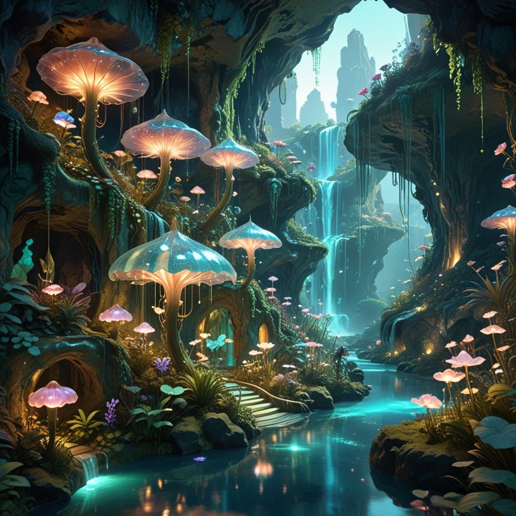 Solarpunk Oasis in Bioluminescent Cave System