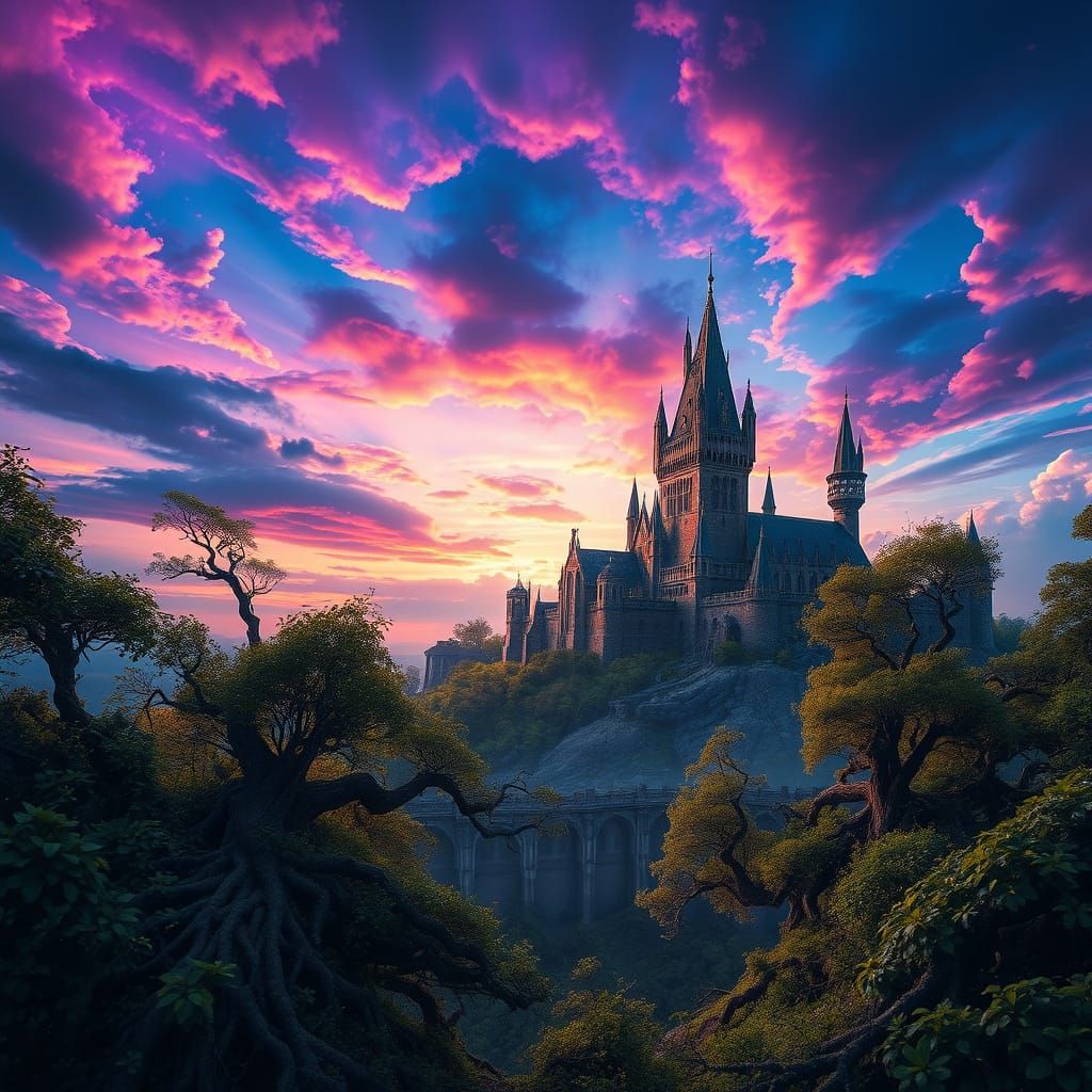 Dreamlike Fantasy Landscape with Majestic Castle