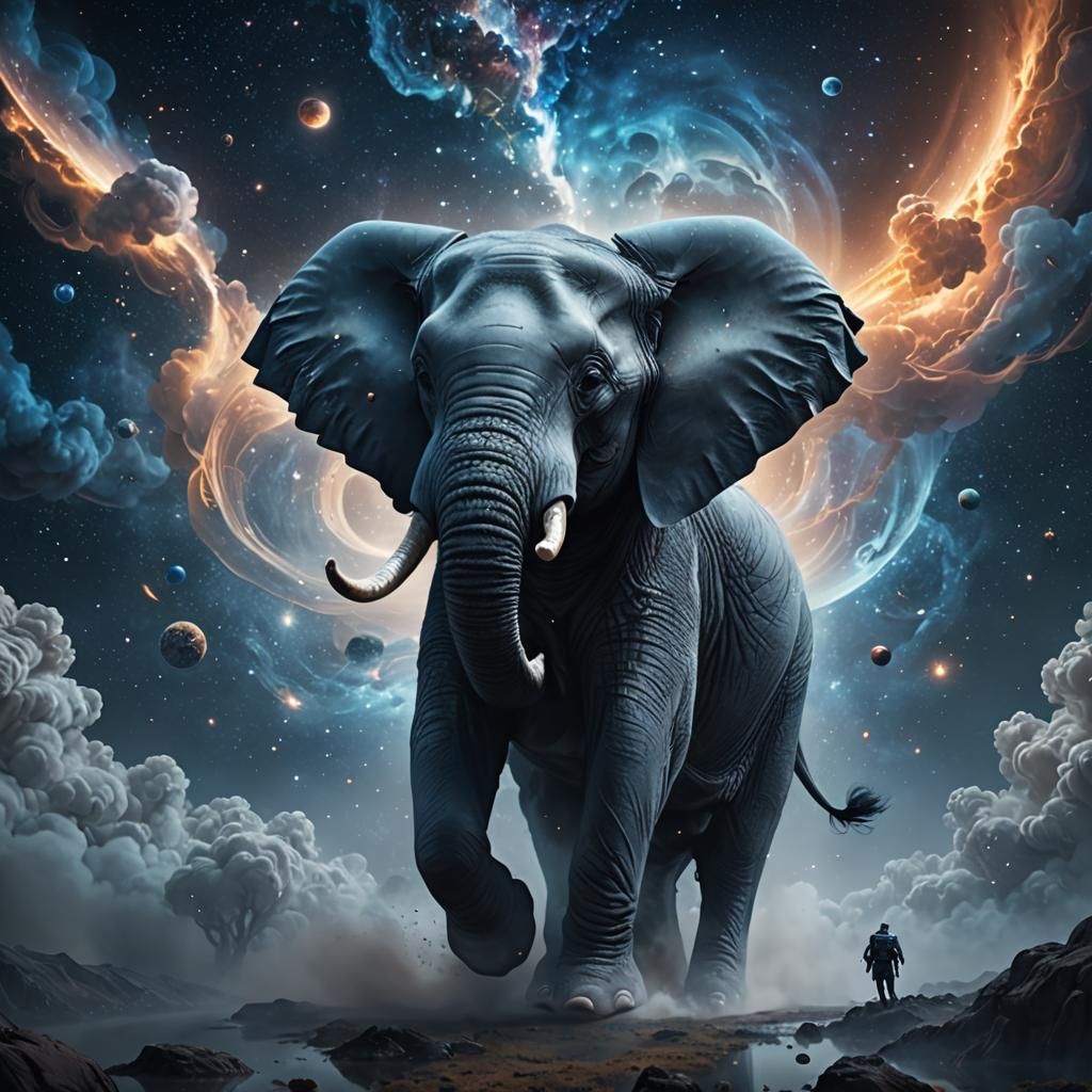 Elephant in Space with Fantasy Planets