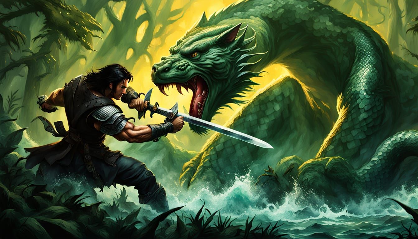 Epic Dark Fantasy Warrior Battles Giant Snake