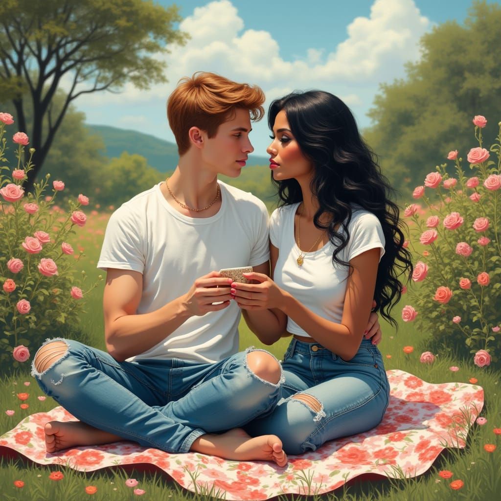 Romantic Picnic Scene in Whimsical Spring Landscape