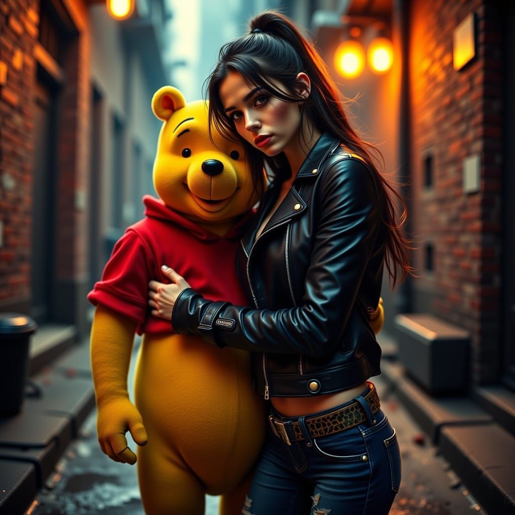 Tough Love in a Gritty Urban Alleyway - Cyberpunk Oil Painti...