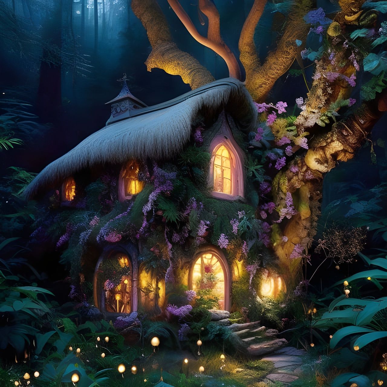 Glowing Fairy Cottage Illustration in Gouache Style