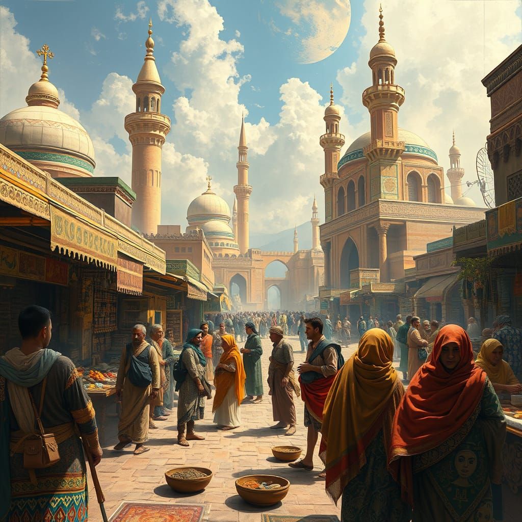 Bustling Desert Marketplace in Hyperrealistic Style