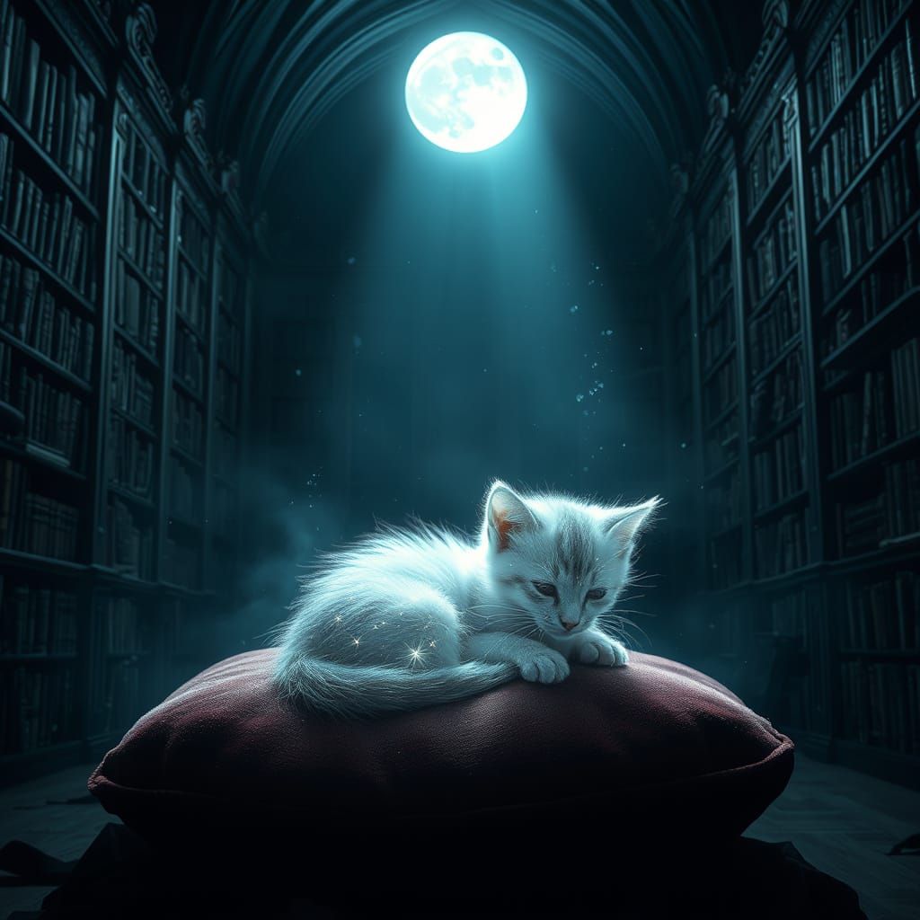 Spectral Kitten in Moonlight Library