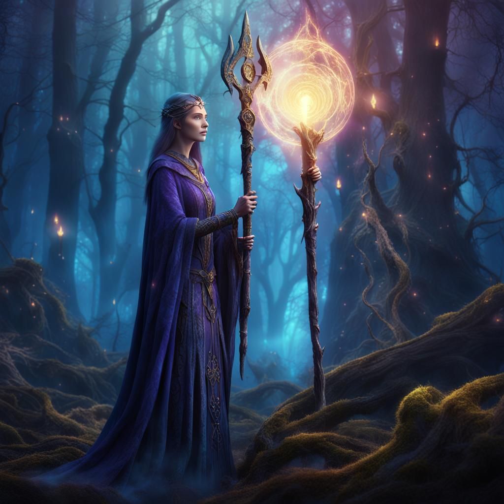 Powerful Sorceress in Mystical Forest: Digital Art