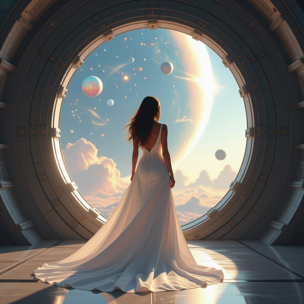 Woman Gazing Through Star Gate with Bubble Planets