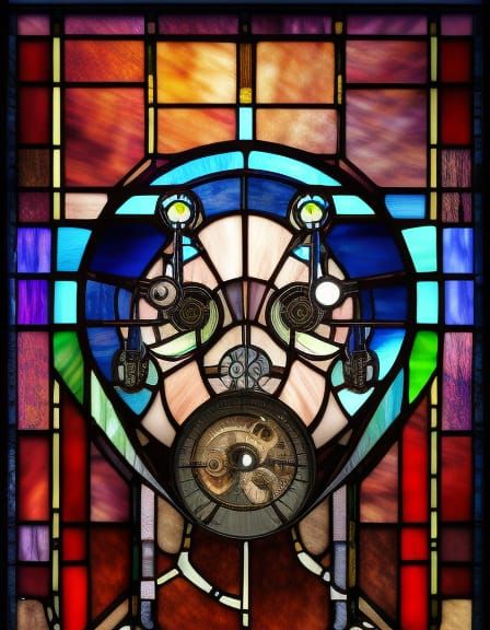 Cyberpunk Man Head in Stained Glass Steampunk Style
