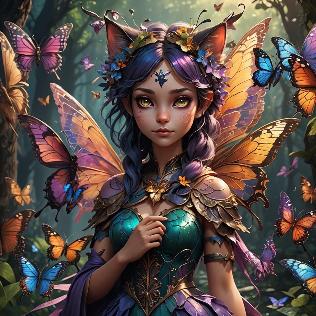 Cat-Girl Fairy with Butterfly Wings in Fantasy Art
