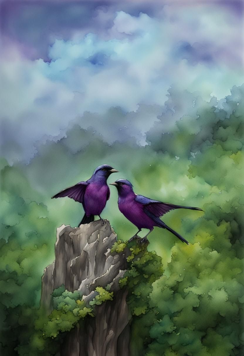 Two fantasy birds, evolved from Stardew Valley purple vultures
