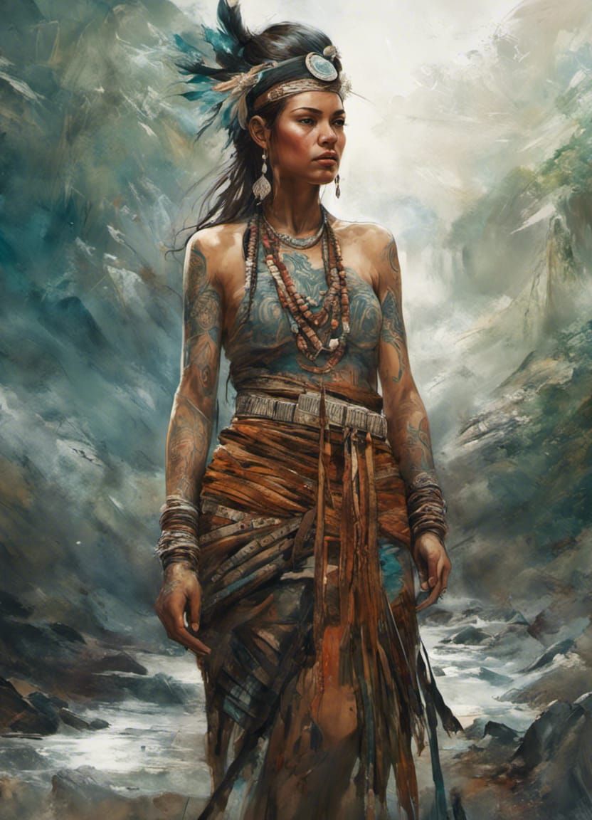 Powerful Maori Woman Portrait in Mixed Media Style