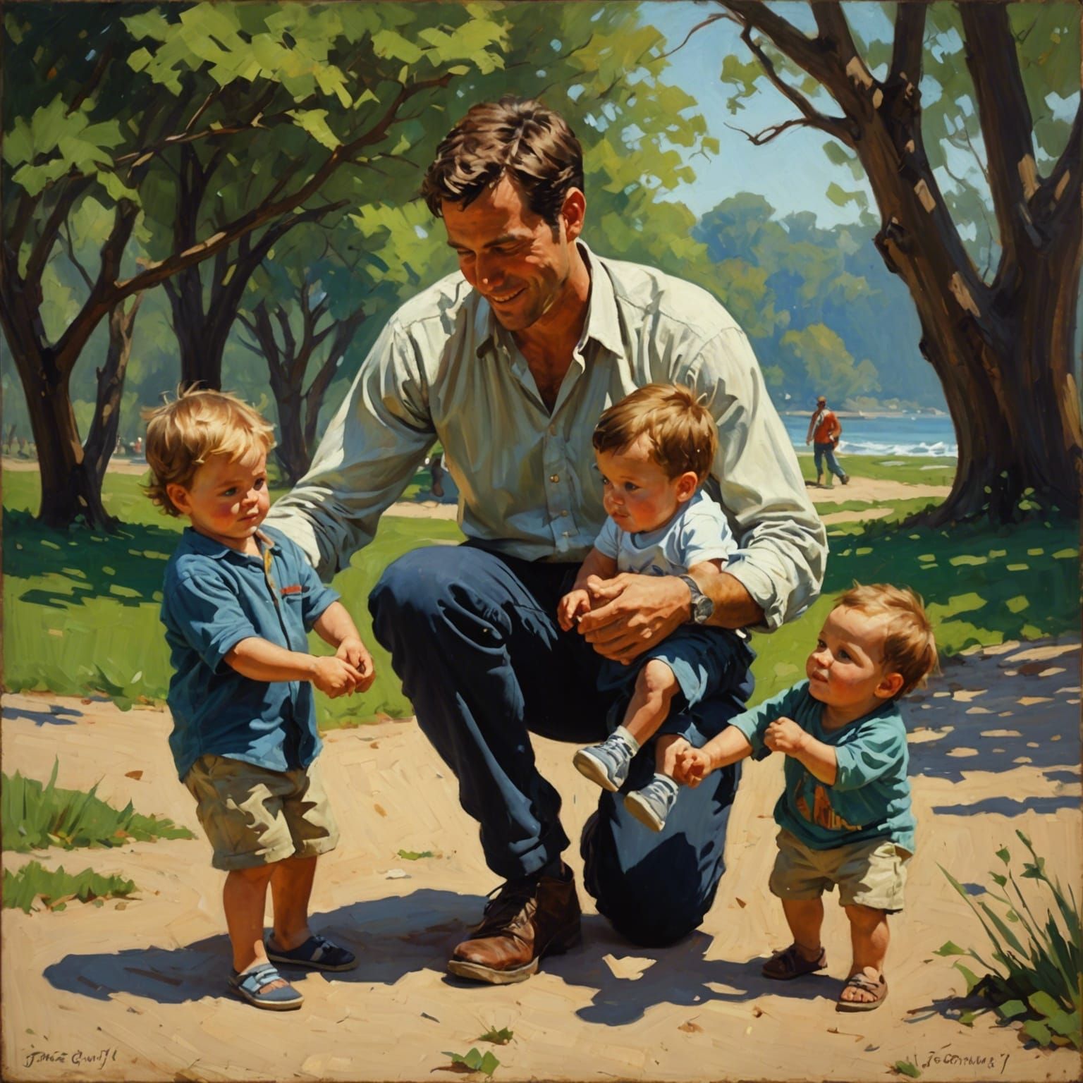 Father and Children: Oil Painting Family Portrait