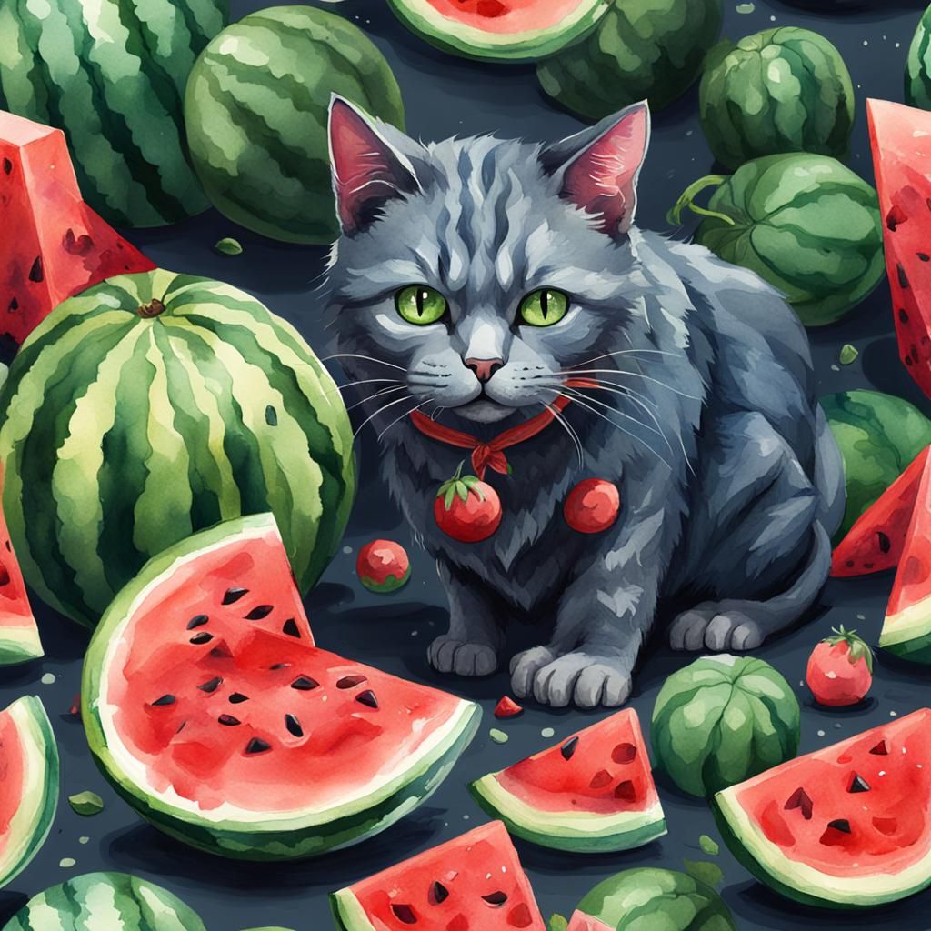 Cat Eating Watermelon in Watercolor Style